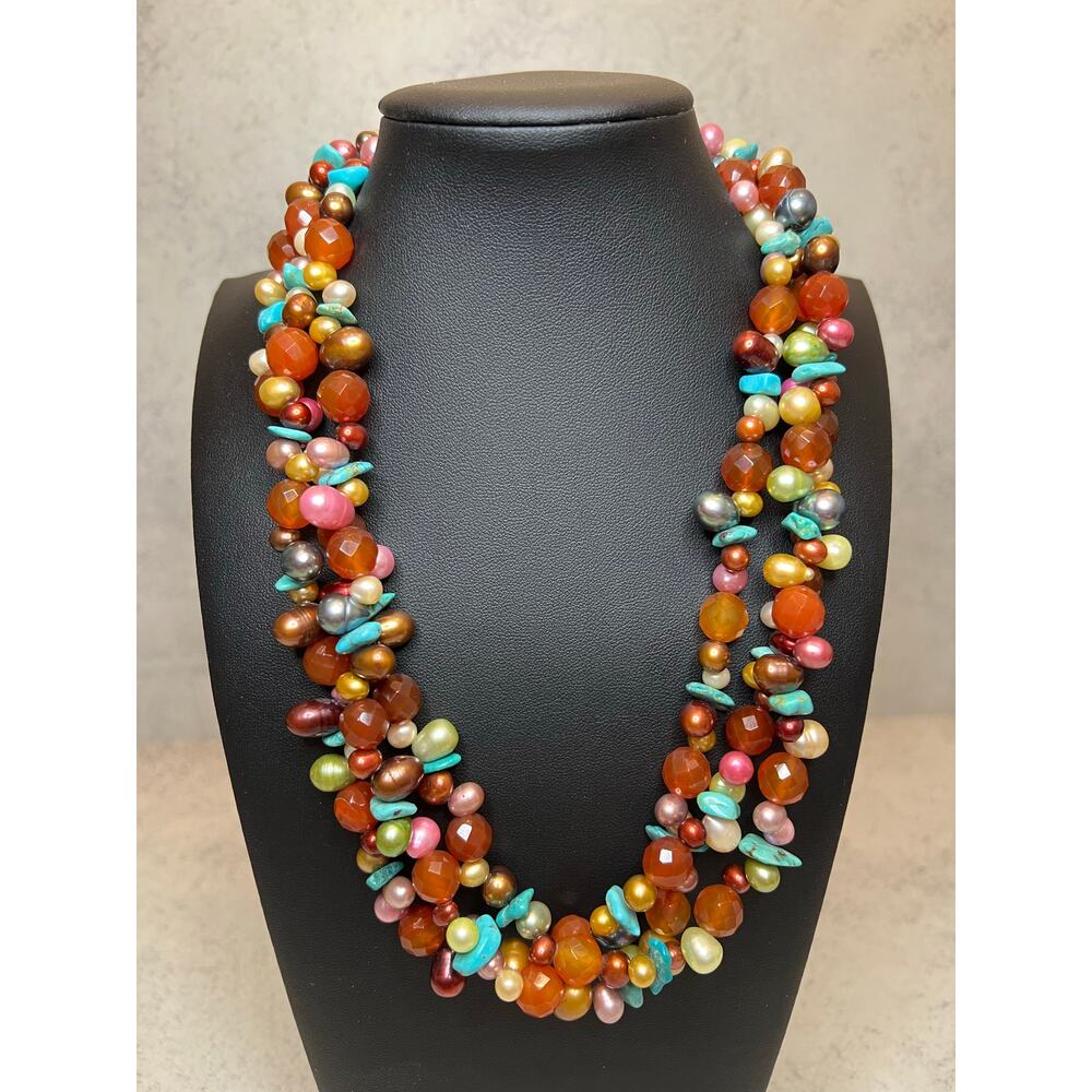 DTR Jay King signed triple strand necklace 925 pearl turquoise chips carnealian